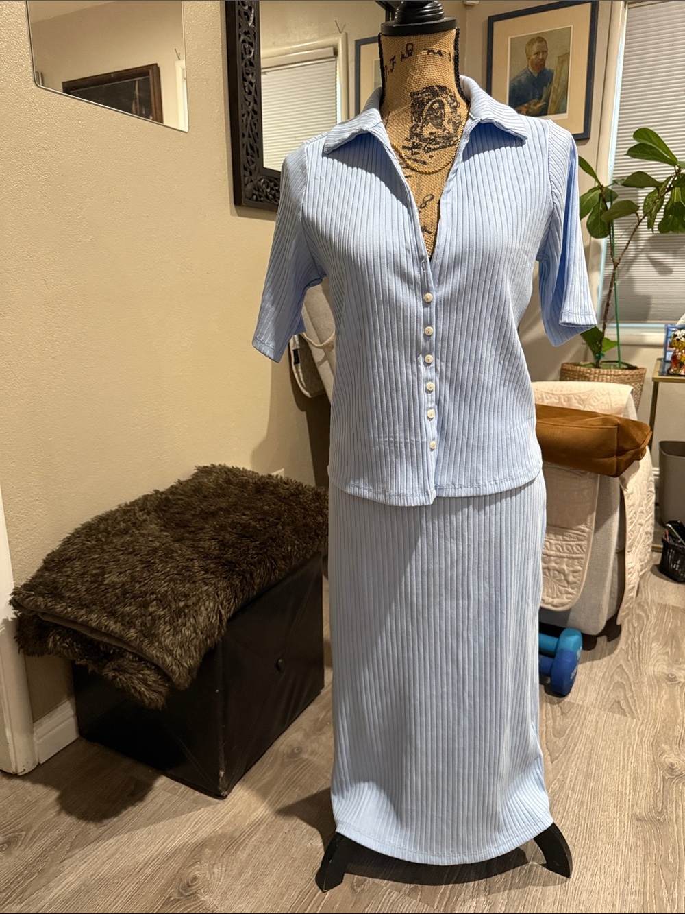 Women’s Light Blue Ribbed Knit Skirt Set - Classic Collared Top & midi Skirt